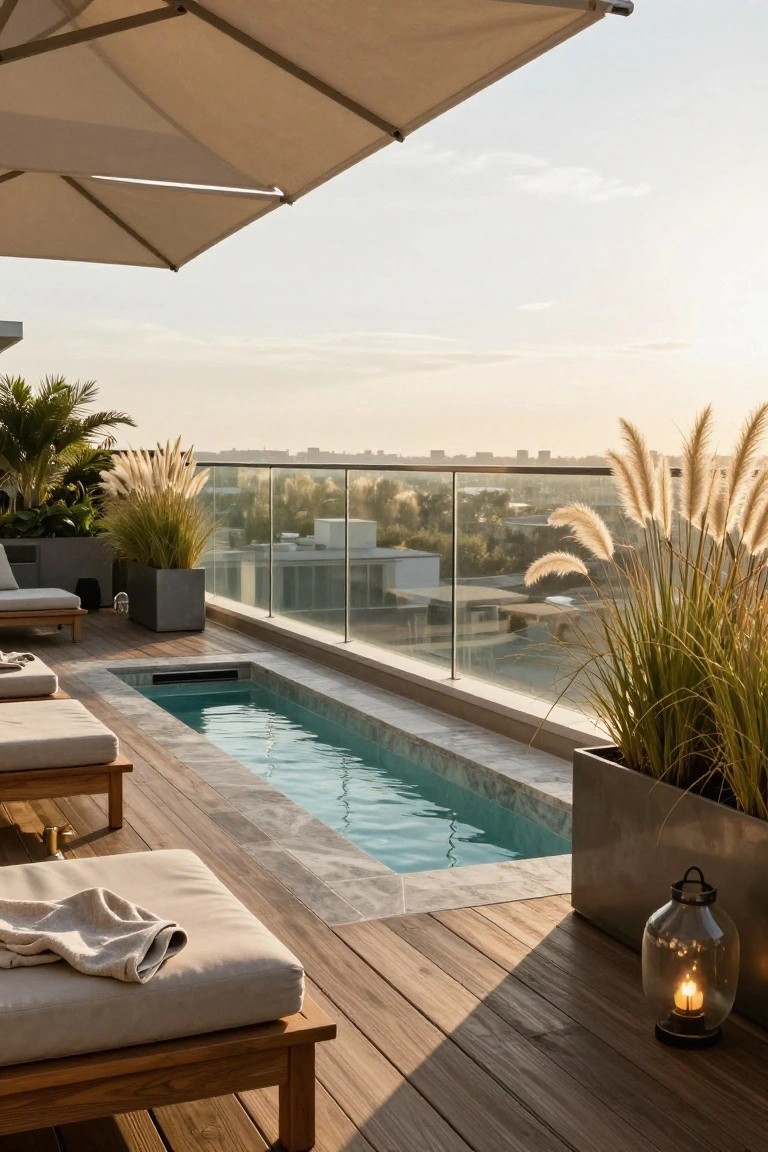 15 Rooftop Pool Design Ideas for Sky-High Luxury Rooftop terrace with narrow turquoise plunge pool along glass railing edge, wooden decking, beige outdoor loungers with cushions, pampas grass in gray planters, beige umbrella overhead, lit glass lantern, and distant cityscape at sunset.