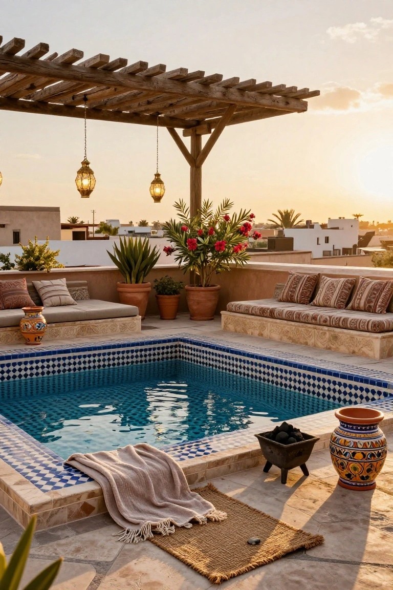 15 Rooftop Pool Design Ideas for Sky-High Luxury Rooftop terrace with a small square plunge pool tiled in blue and white zellige pattern, surrounded by low cushioned benches, potted plants, hanging lanterns, and terracotta pots against a sunset sky.