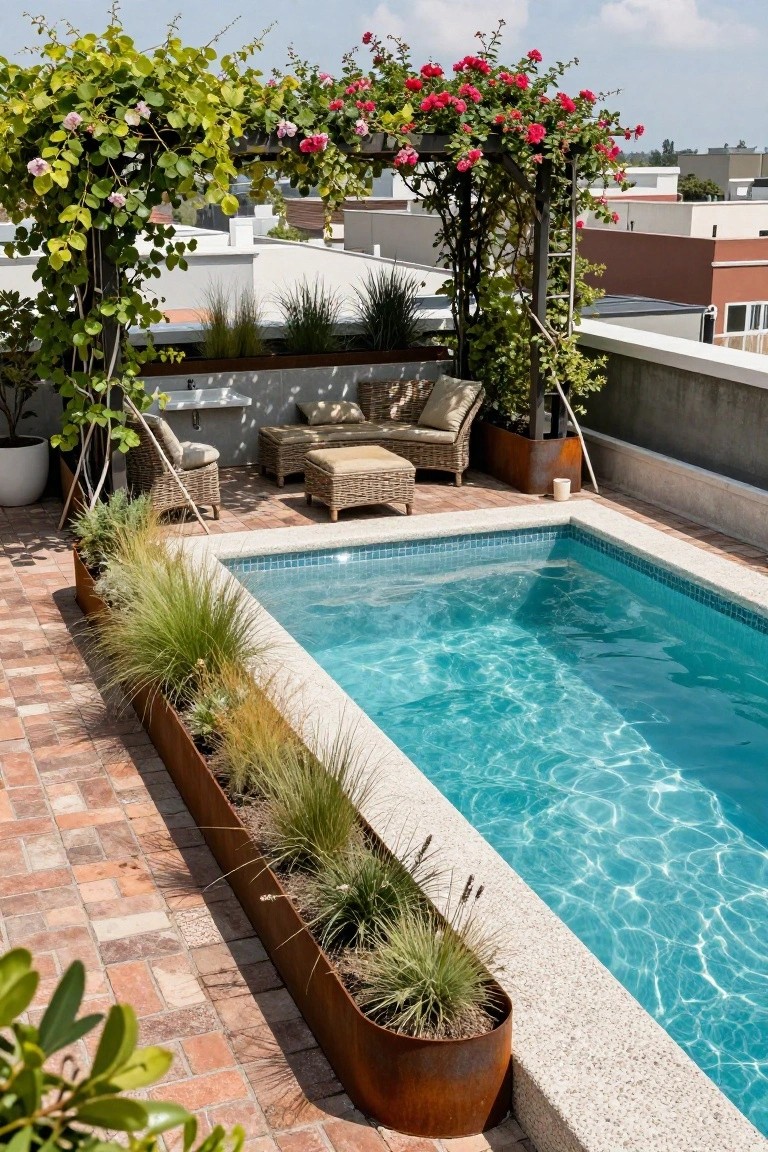 15 Rooftop Pool Design Ideas for Sky-High Luxury Rooftop terrace with rectangular blue-tiled pool edged by long corten steel planters filled with ornamental grasses, wicker lounge chairs on terracotta tiles, pergola draped in pink climbing roses, and potted plants against urban skyline backdrop.