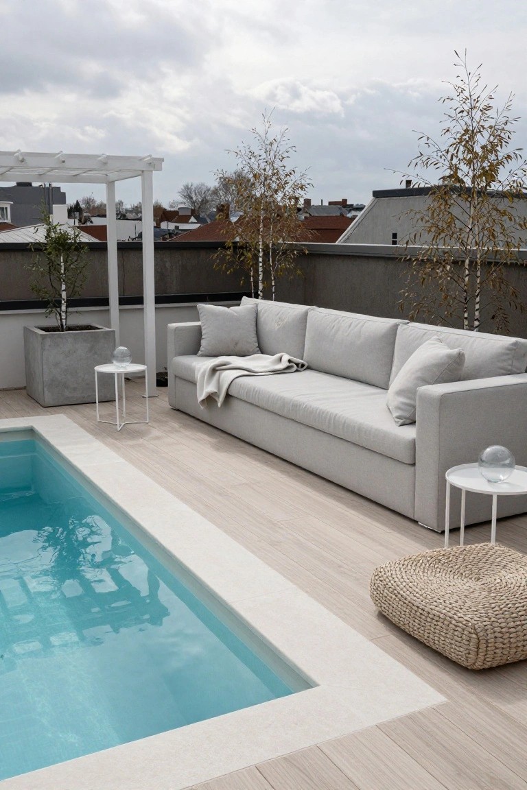 15 Rooftop Pool Design Ideas for Sky-High Luxury Poolside Lounge Sofa Setup