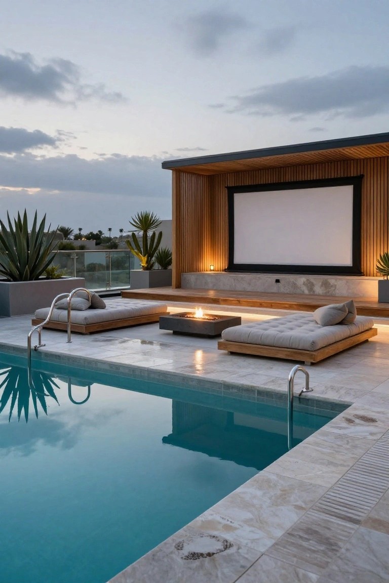 15 Rooftop Pool Design Ideas for Sky-High Luxury Rooftop pool deck with wooden pavilion housing a large white projector screen, two low fabric loungers with pillows, central rectangular fire pit, agave plants in pots, and glass railing at dusk.