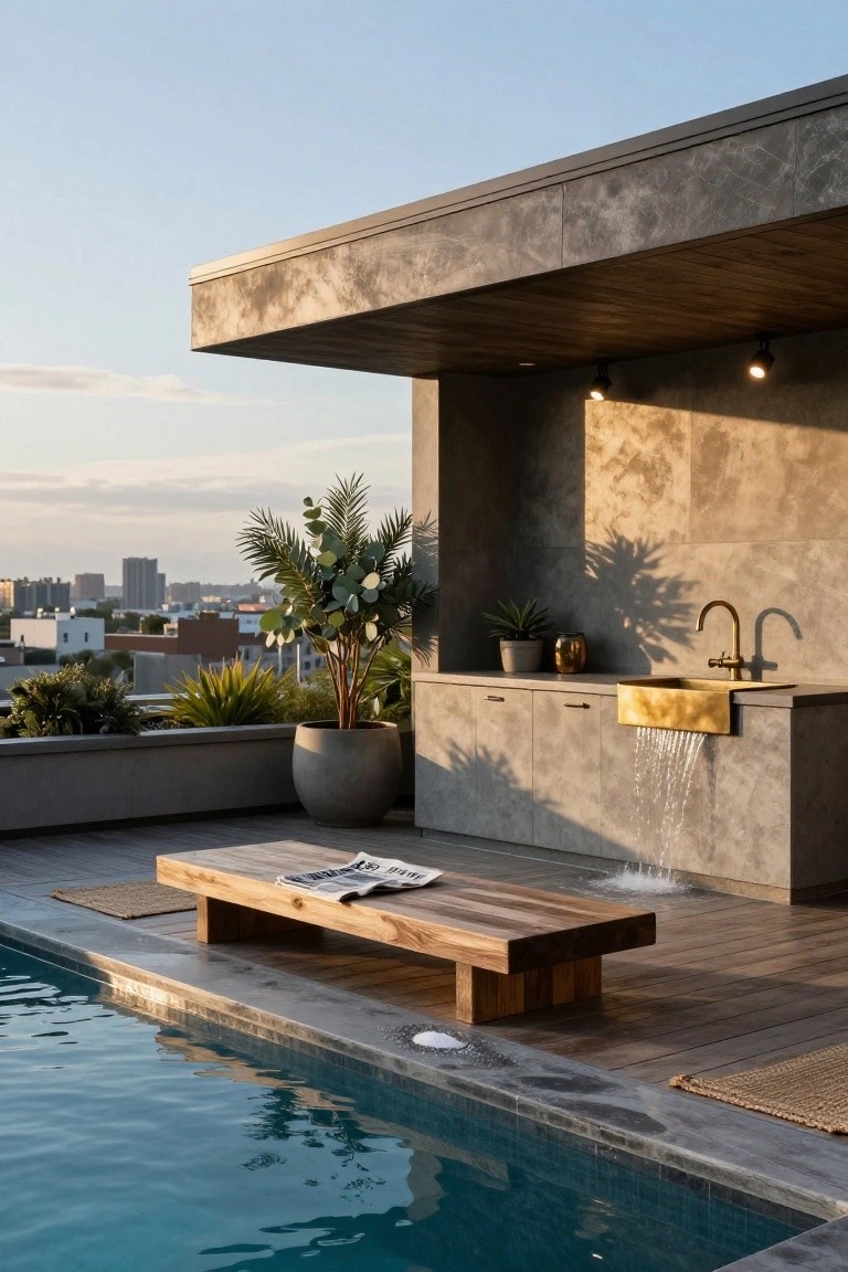 15 Rooftop Pool Design Ideas for Sky-High Luxury Rooftop pool deck with low wooden bench table near the water edge, concrete outdoor kitchen featuring brass apron sink with cascading water, potted plants, and city skyline view.
