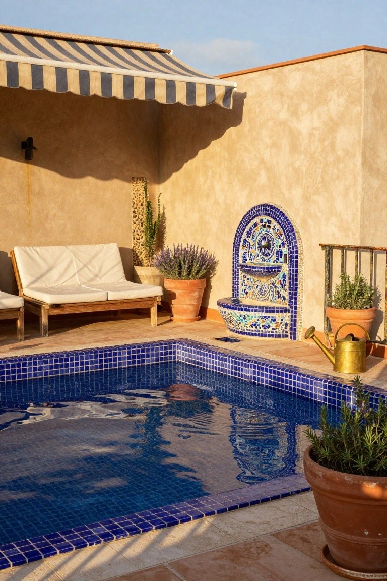 15 Rooftop Pool Design Ideas for Sky-High Luxury Rooftop terrace corner with small rectangular blue mosaic-tiled pool, beige and navy striped fabric awning shading two white cushioned wooden lounge chairs, terracotta pots holding lavender and rosemary plants, blue mosaic wall fountain, and brass watering can on tiled deck.