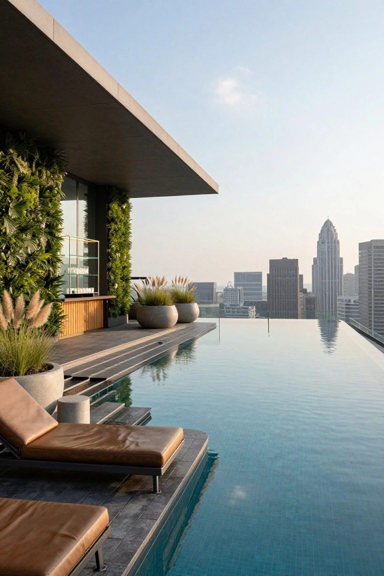 15 Rooftop Pool Design Ideas for Sky-High Luxury Rooftop infinity-edge pool with tan leather loungers, potted grasses and plants, a wooden bar counter, and vertical green wall overlooking city high-rises at dusk.