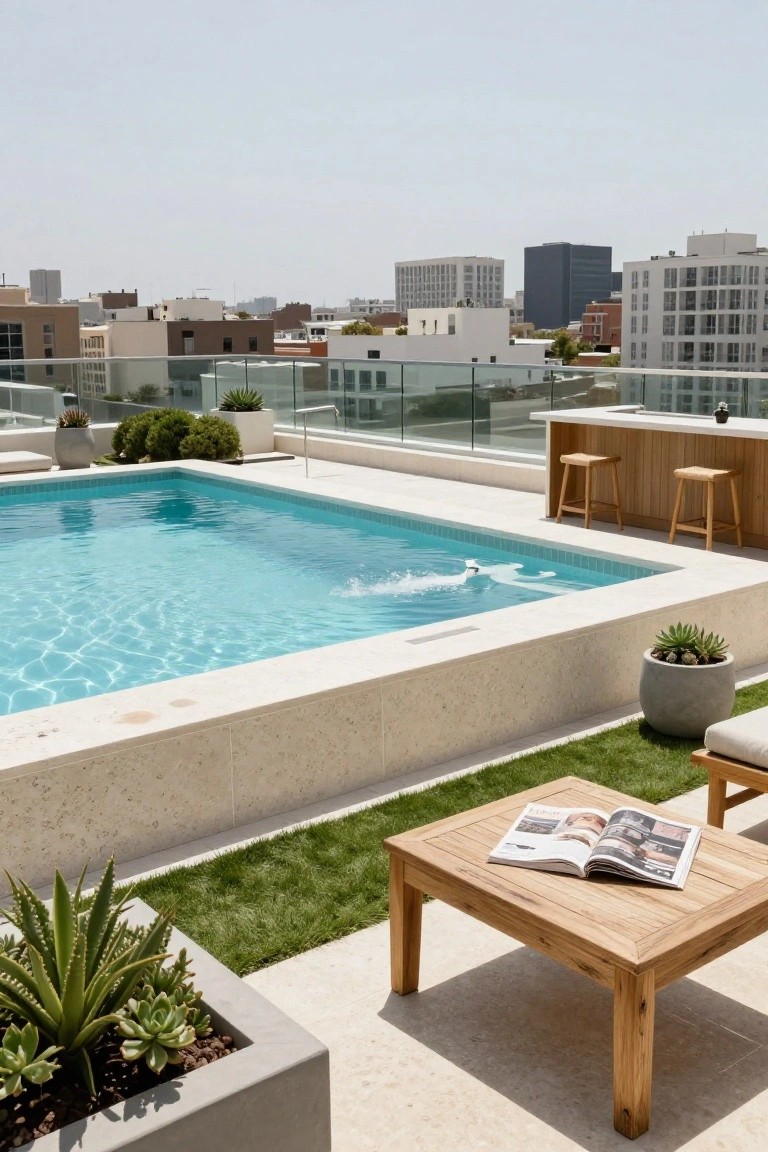 15 Rooftop Pool Design Ideas for Sky-High Luxury Rooftop pool with turquoise water and white stone surround, wooden bar counter with stools, potted succulents, grass patch, teak coffee table with magazine, and city buildings in background.