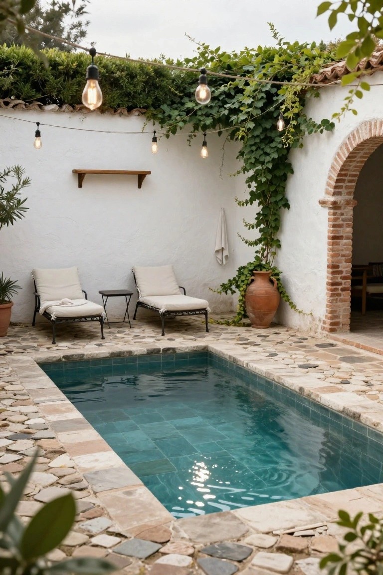 Small rectangular turquoise-tiled plunge pool in a white stucco courtyard with pebble stone surround, two beige lounge chairs on metal frames, string lights overhead, ivy climbing walls, terracotta pots, and a brick archway.
