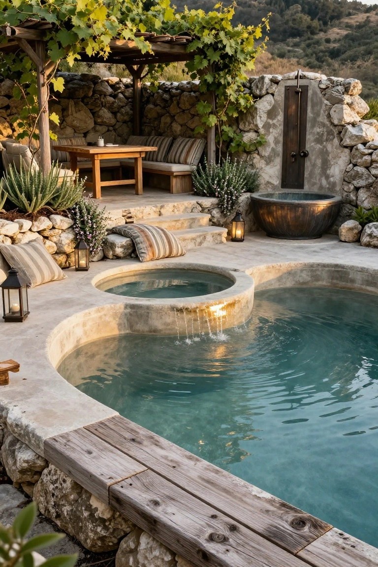 Curved turquoise pool with waterfall feature and adjacent round hot tub, set into a stone terrace with wood benches, vine-covered pergola, and outdoor seating in a rocky hillside landscape.