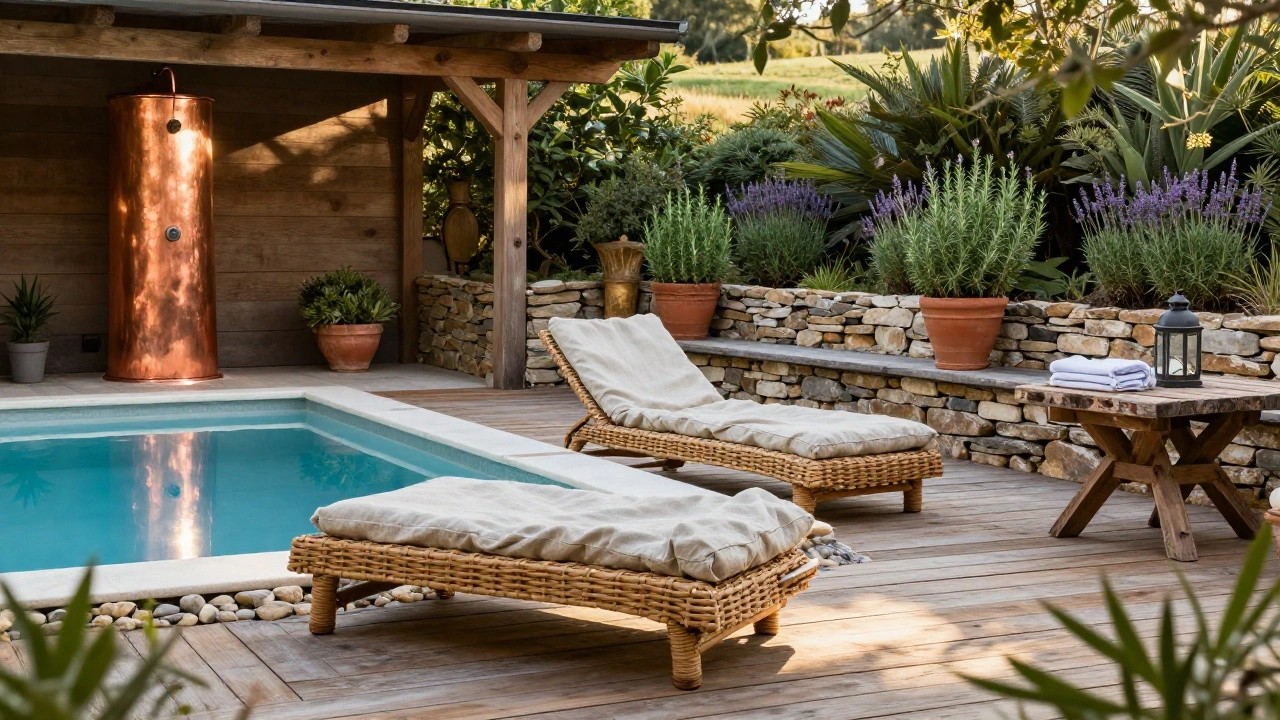 Wooden pergola shelters a tall copper cylinder outdoor shower next to a small rectangular pool with turquoise water, flanked by lounge chairs on a deck, potted plants, and a pebble border.