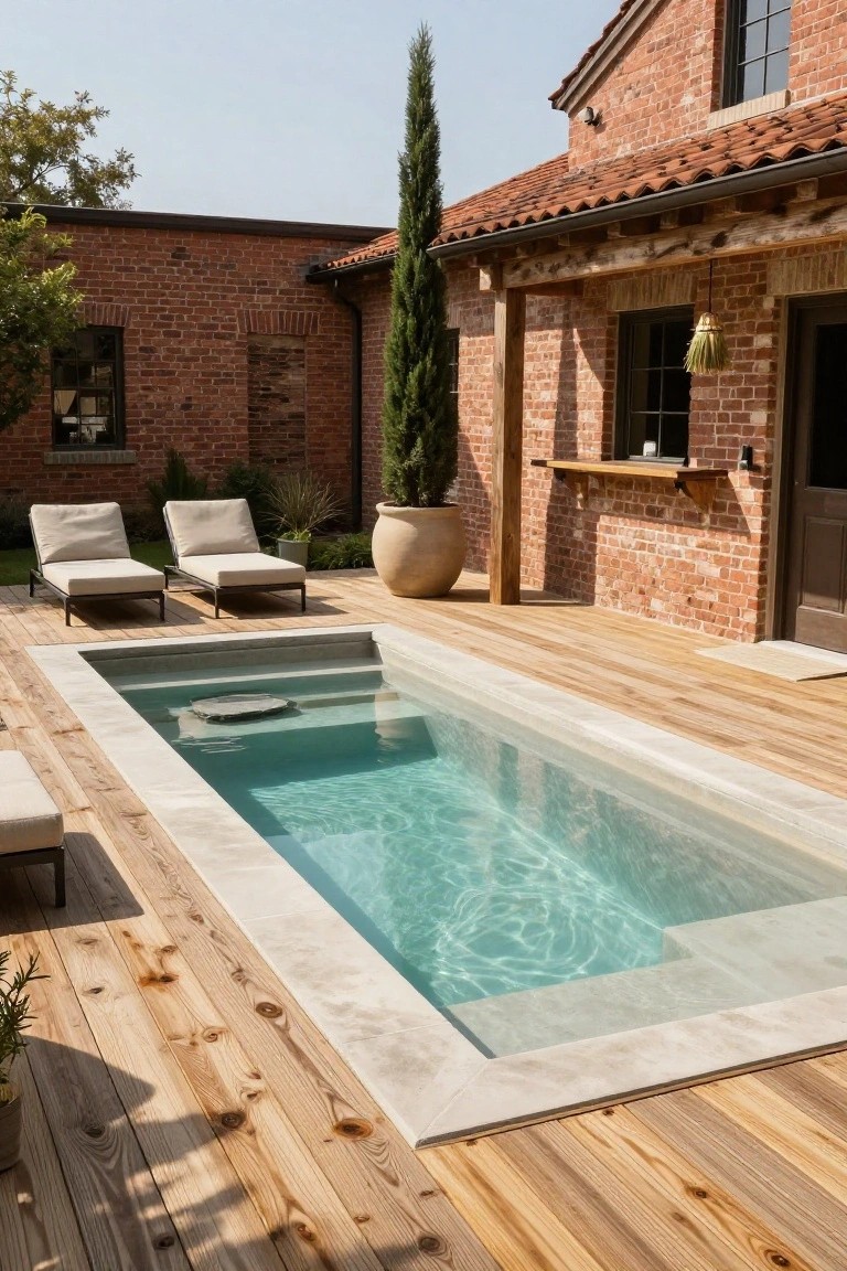 Narrow rectangular plunge pool with clear turquoise water and a stone cover over the filter, set flush into light wood decking surrounded by two beige lounge chairs, potted plants, and a brick building with red tile roof.