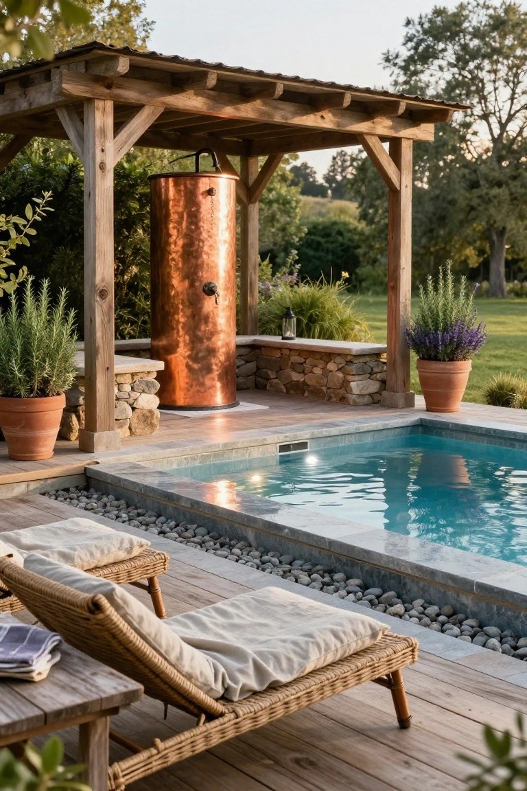 Wooden pergola shelters a tall copper cylinder outdoor shower next to a small rectangular pool with turquoise water, flanked by lounge chairs on a deck, potted plants, and a pebble border.