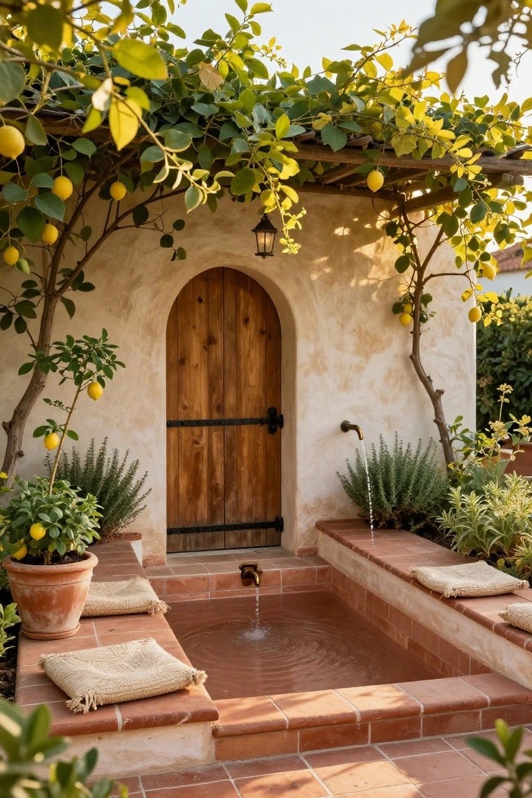 Small terracotta-tiled fountain pool with flowing water in front of an arched wooden door on a stucco wall, surrounded by lemon trees, potted plants, and woven cushions on the edges.