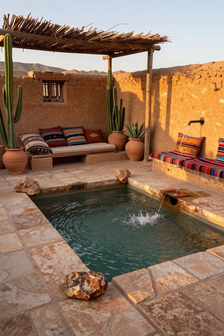 Small rectangular turquoise pool with fountain in a stone courtyard, surrounded by low adobe benches with multicolored cushions, potted cacti and agave plants, and a thatched pergola against earthen walls.