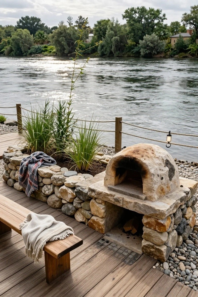 Stone wood-fired oven built into a rock wall on a wooden deck by a river, surrounded by plants, a wooden bench with a blanket, and rope railing.