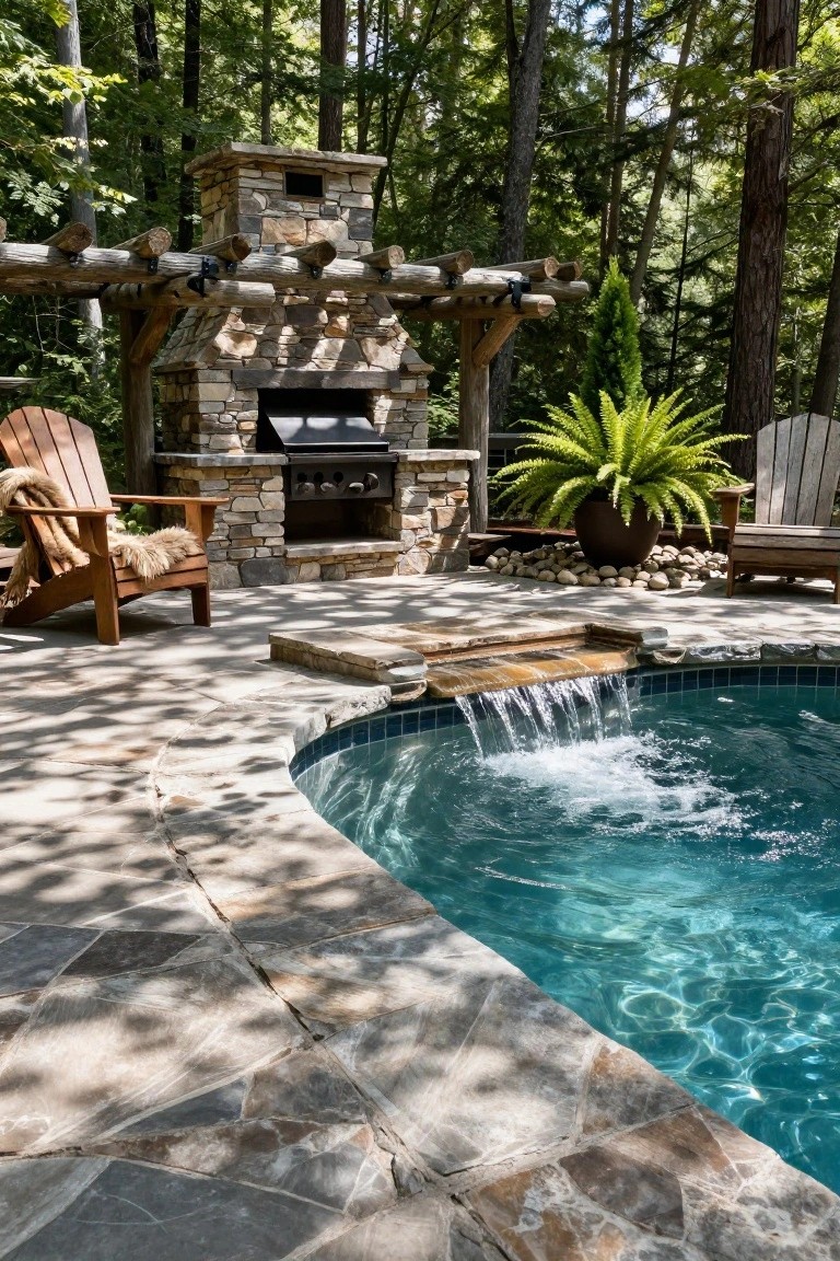 Rustic stone outdoor kitchen with built-in grill under wooden log pergola next to a curved pool with stone waterfall edge on paver patio surrounded by trees and plants.