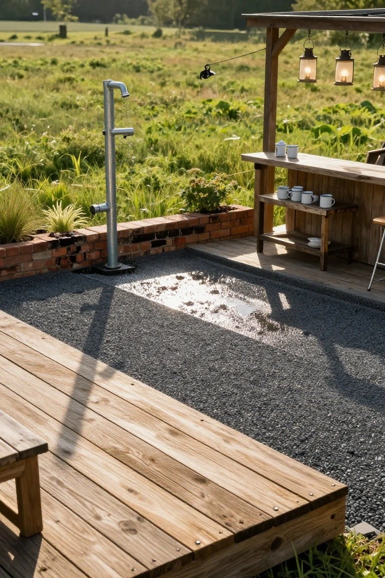 Outdoor rustic patio featuring a tall metal pipe faucet pouring water onto gravel, wooden bar counter with cups and stools, hanging lanterns, brick planter, and surrounding green fields.