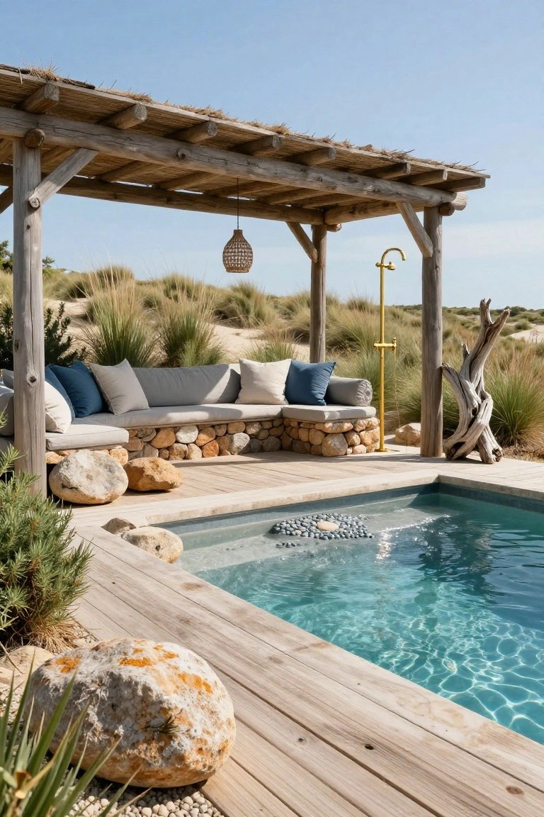 Wooden pergola with thatched roof shading gray built-in benches with blue and white cushions next to a small turquoise pool, featuring a gold outdoor shower post, rocks, driftwood, and dune grasses on a sunny day.