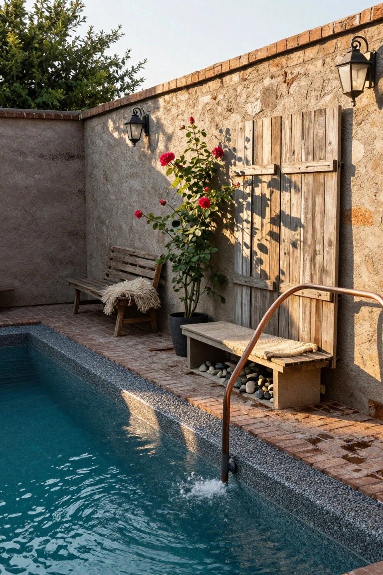 Small turquoise pool with copper water spout and pebble surround, wooden benches with sheepskin and seagrass cushions nearby, climbing red roses on stone wall with lanterns and wooden gate in rustic outdoor setting.