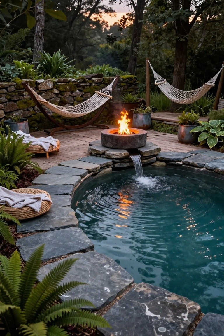 Curved turquoise pool with a central stone fire pit on the edge cascading water into the pool, hammocks and loungers on a slate deck surrounded by ferns, hostas, and trees.