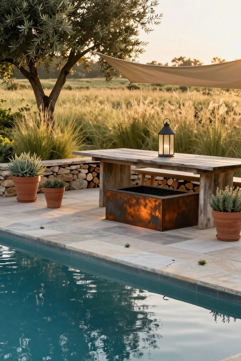 Rustic wooden bench table on a stone pool deck next to a turquoise pool, with a corten steel firebox containing firewood underneath, potted plants nearby, a lantern on the table, grasses, and a beige shade sail overhead.