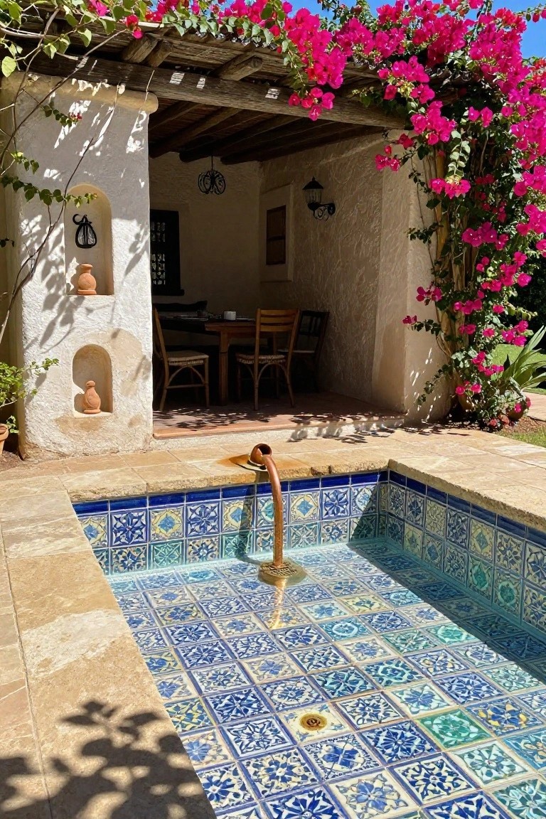 Small rectangular pool with blue and white patterned tiles and copper fountain spout, next to shaded terrace with dining table, white stucco walls with niches, and pink bougainvillea vines overhead.
