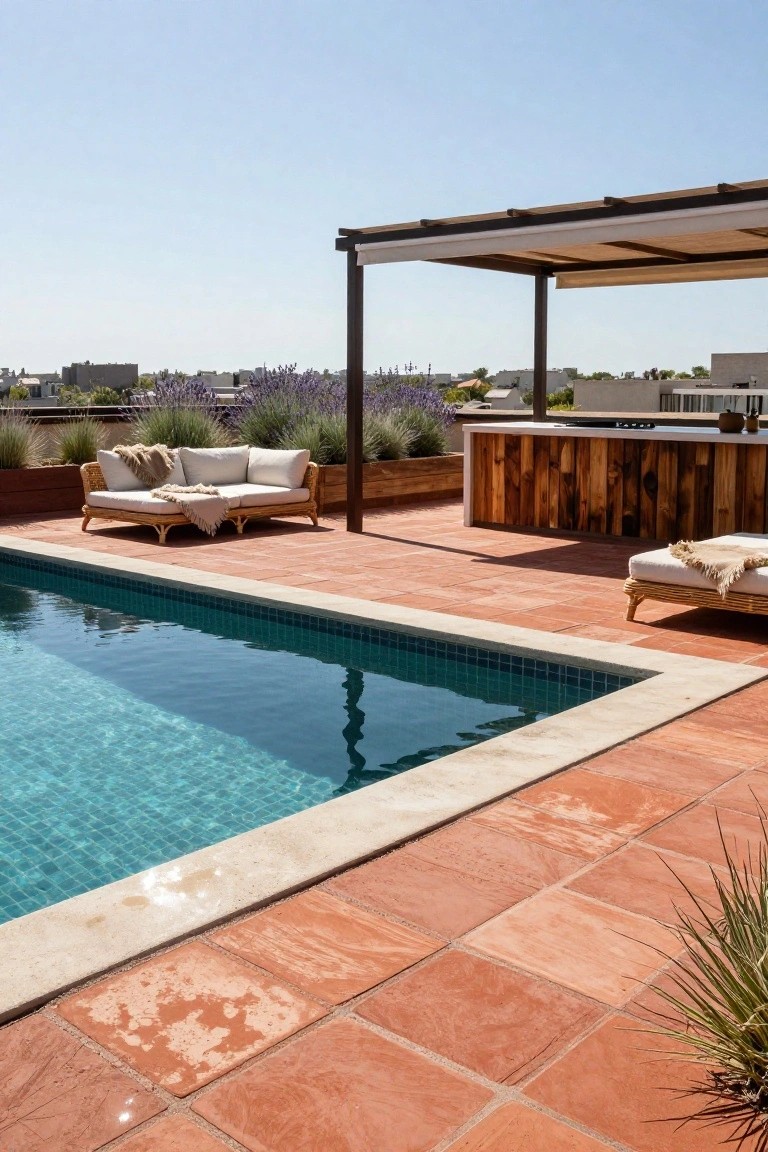 Rooftop pool area with turquoise mosaic tiled pool surrounded by terracotta pavers and white limestone edging, wooden bar counter, rattan lounge seating, potted lavender plants, and pergola shade structure.