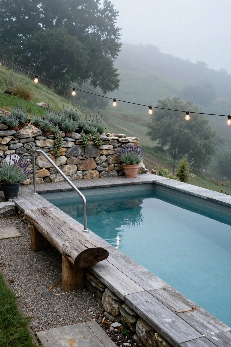 Small turquoise pool in a stone-walled terrace on a foggy hillside, with lavender plants, potted greenery, wooden bench, and string lights overhead.