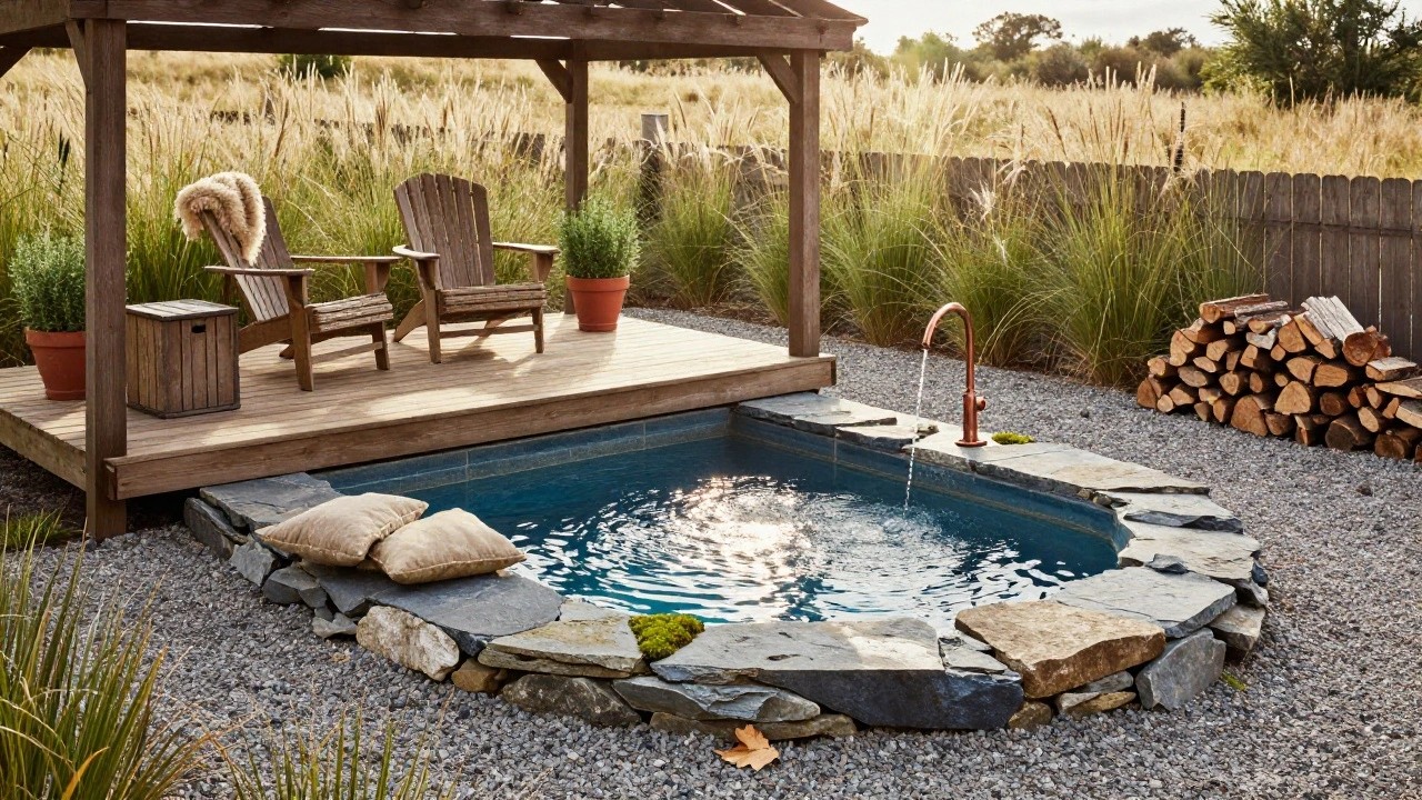 Rustic wooden pergola covering a small turquoise plunge pool with copper fountain spout on a wooden deck, flanked by Adirondack chairs, potted plants, firewood stack, and surrounding grasses and stone edging at sunset.