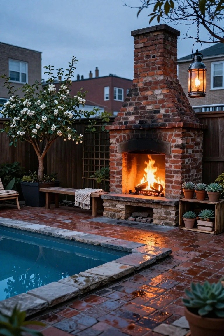 Outdoor pool edged in stone and terracotta pavers, with a tall lit brick fireplace nearby, wooden bench, potted succulents, small tree with white flowers, hanging lantern, and wooden fence at dusk.