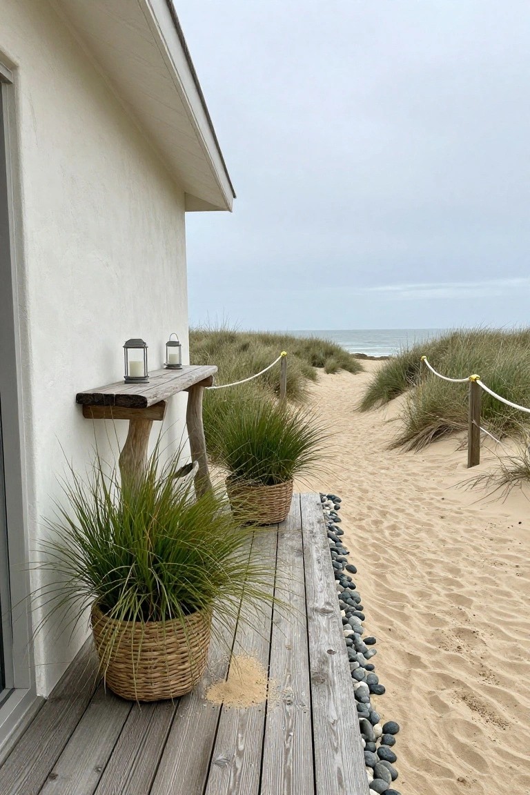 White stucco house wall beside a gray wooden deck edged with black pebbles and potted grasses, with a driftwood shelf holding lanterns and a rope-fenced sandy path through dunes to the ocean.