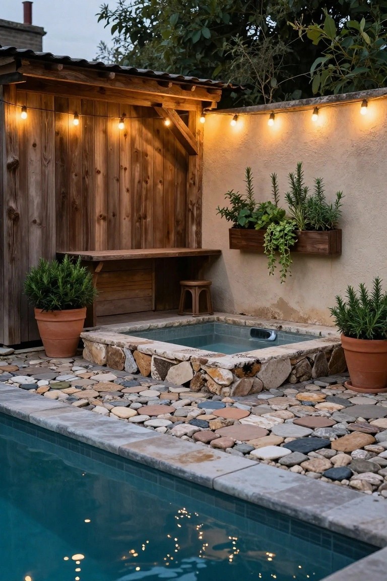 Small turquoise hot tub with natural stone edging next to a larger blue pool, wooden bench, potted rosemary plants, wooden wall with string lights, and pebble ground cover in an outdoor backyard setting.