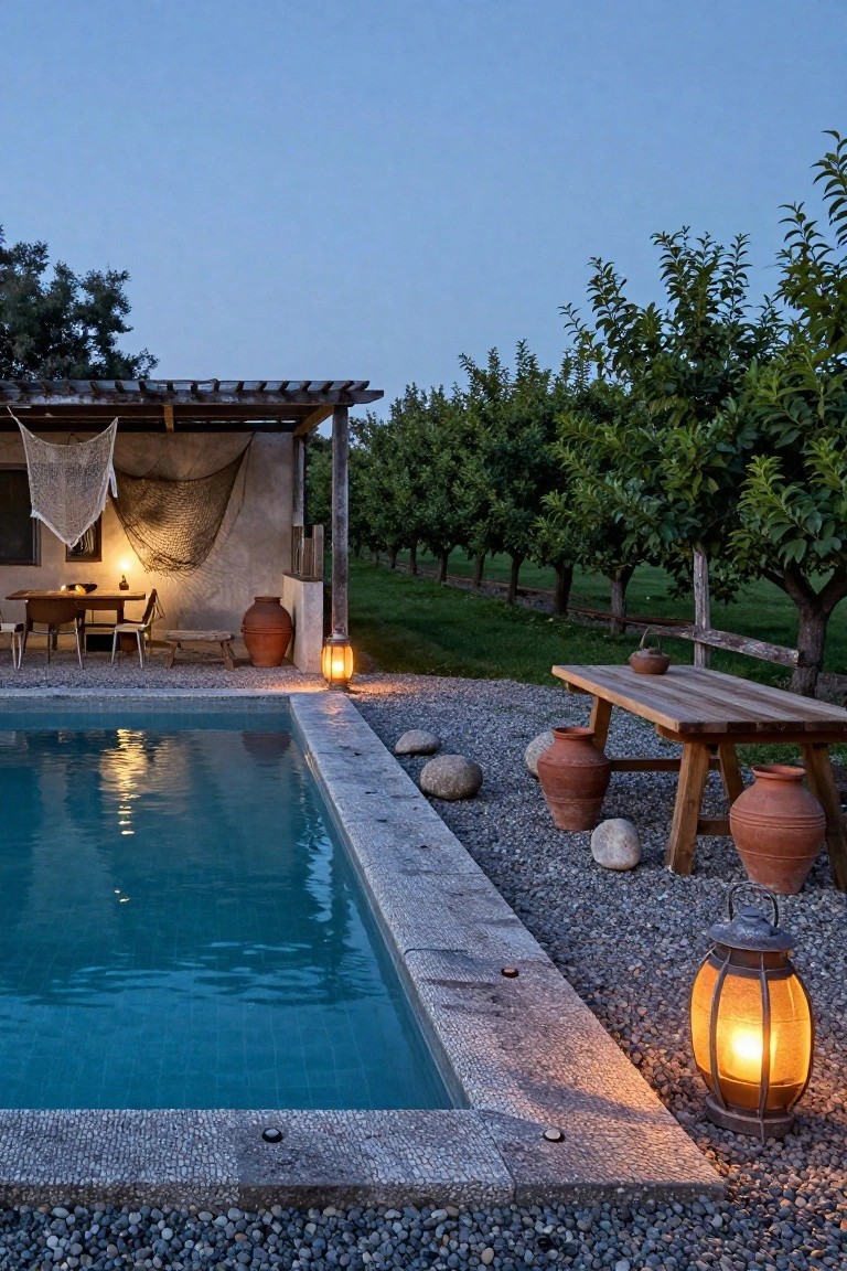 Rectangular blue-tiled pool with stone and pebble edging surrounded by gravel ground, rustic wooden benches and tables, terracotta pots, lit lanterns, and a net-draped pergola structure next to an orchard at dusk.