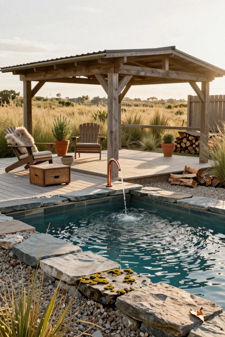 Rustic wooden pergola covering a small turquoise plunge pool with copper fountain spout on a wooden deck, flanked by Adirondack chairs, potted plants, firewood stack, and surrounding grasses and stone edging at sunset.