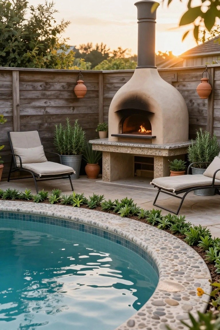 Poolside outdoor area with beige stucco wood-fired pizza oven lit with flames, two beige lounge chairs on a stone patio, potted rosemary and agave plants, terracotta lanterns on a wooden fence, and turquoise pool with pebble and tile edge.