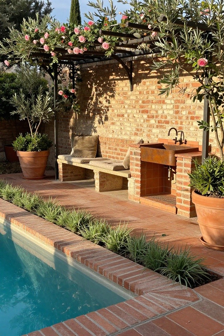 Rustic brick wall with built-in bench seating, copper farmhouse sink, and faucet, under a metal pergola draped in pink climbing roses and olive branches, beside an inground pool edged in brick and low grasses with terracotta planters.