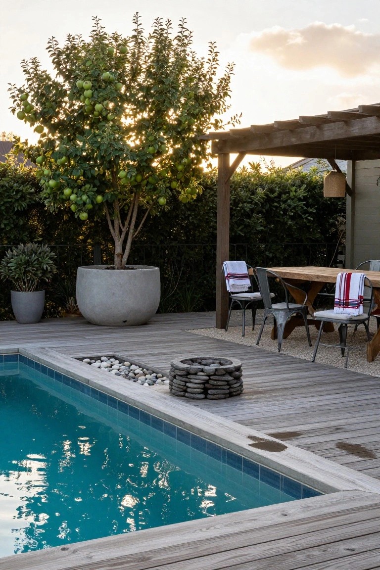 Wooden deck around a blue-tiled pool with a circular stone fire pit surrounded by pebbles, an outdoor dining table with metal chairs and red towels under a pergola, potted plants, hedges, and a fruit tree nearby.