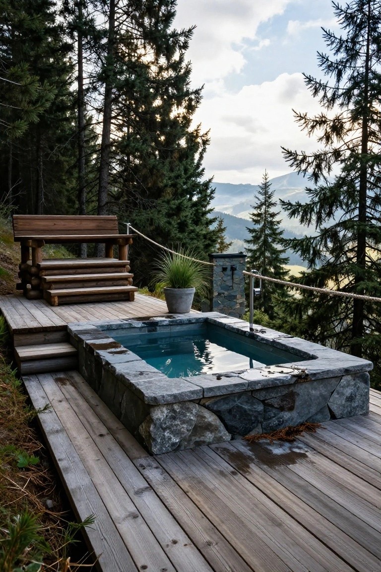 A rectangular hot tub with gray stone walls integrated into a wooden deck platform, featuring wooden steps, a bench, potted plant, and rope railings, surrounded by pine forest and distant mountains.