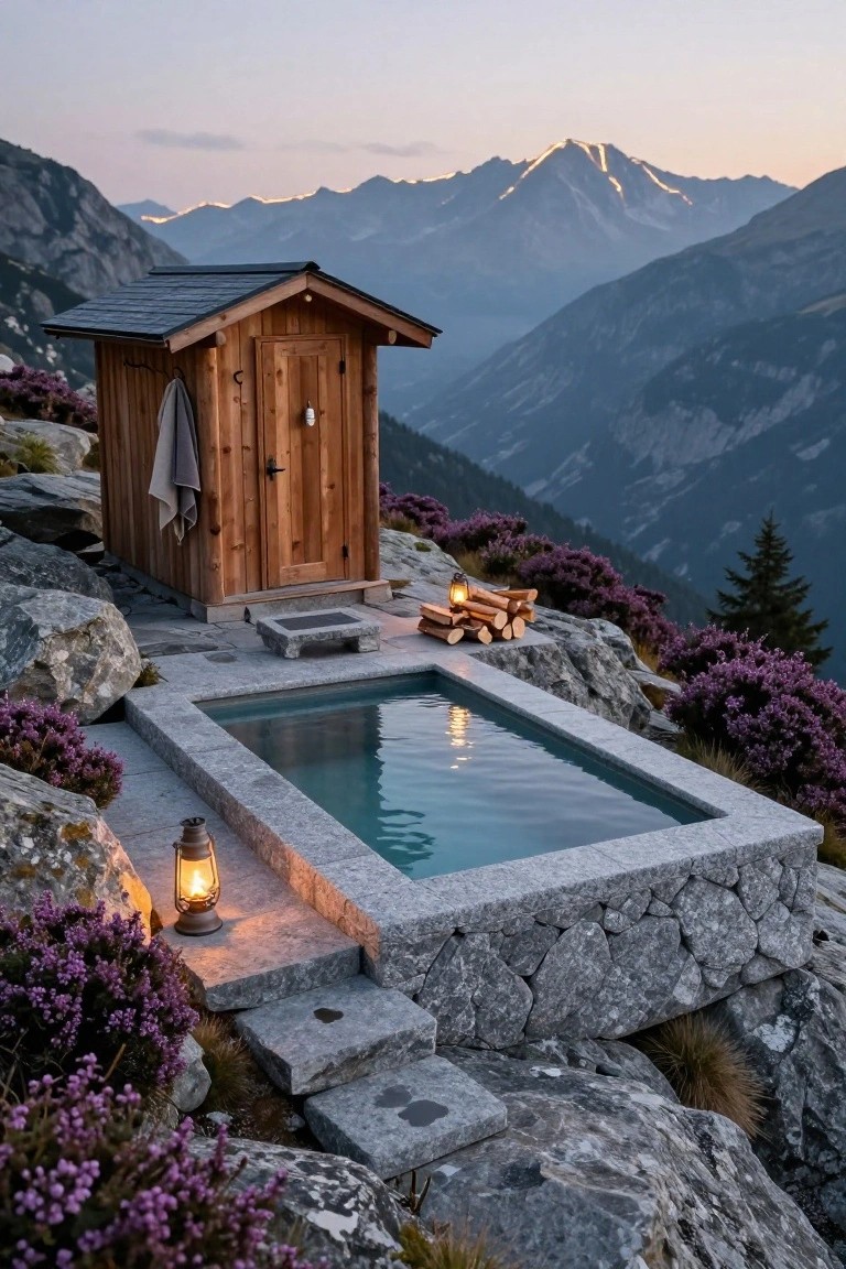 Small wooden cabin with towel hanging outside next to a rectangular stone-lined pool built into rocky cliffside terrain surrounded by purple heather plants, a lantern, and wood stack, with mountains in the background at dusk.