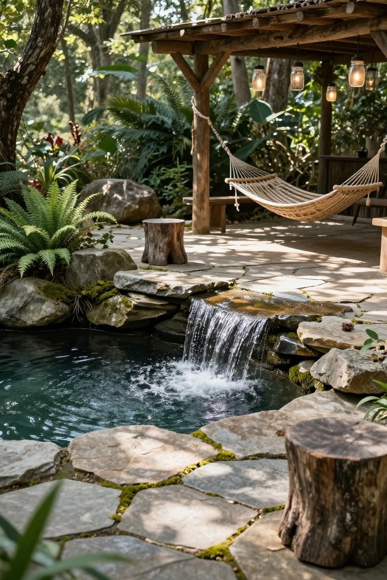 Small turquoise plunge pool with cascading waterfall over natural stacked stones, surrounded by mossy rocks, ferns, stump stools, and a hammock under a wooden pergola in a lush tropical garden.