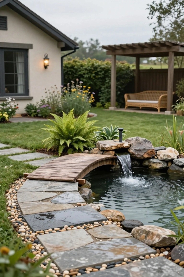 A wooden arched bridge spans a small dark pond with a stone waterfall, surrounded by rocks, flagstone path, plants, gravel edging, grass lawn, and a house with pergola and bench in the background.