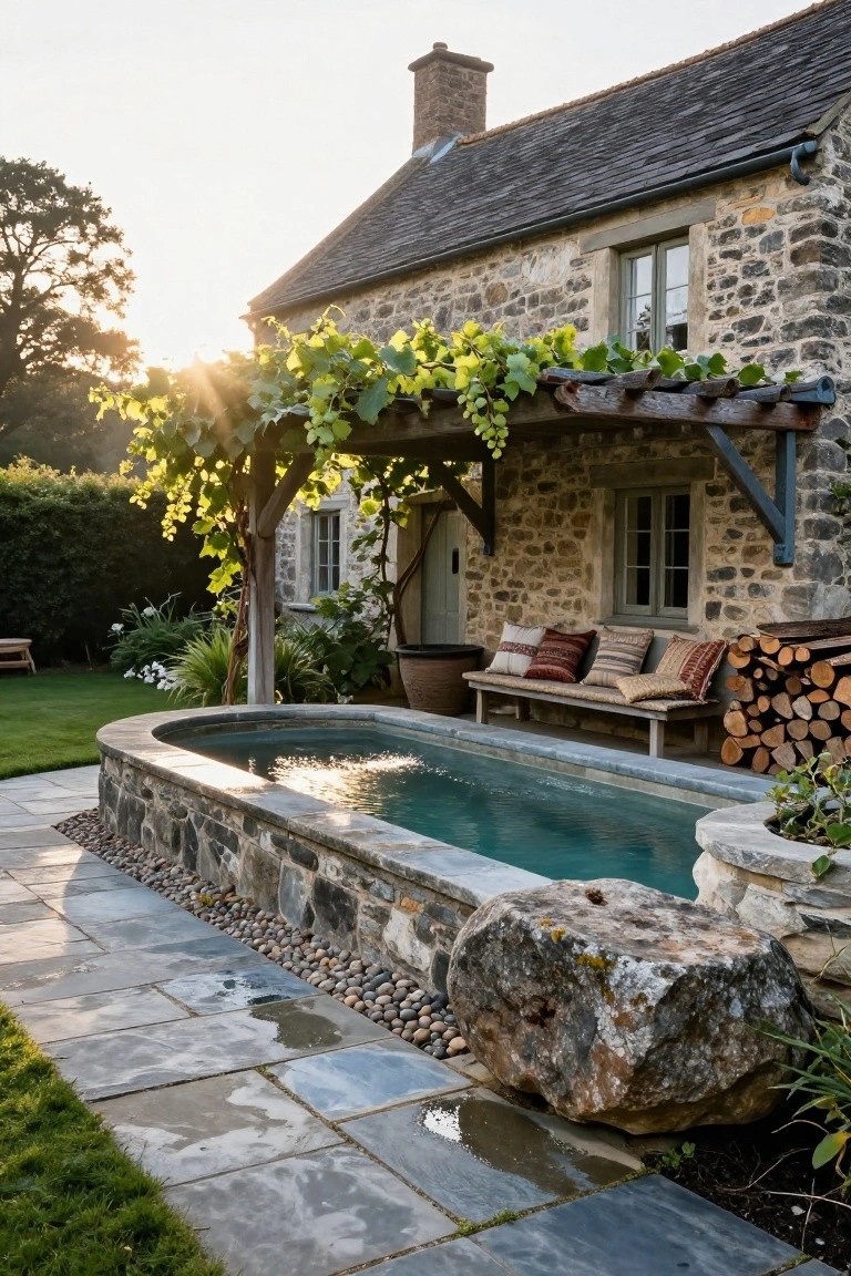Stone house exterior with a small curved turquoise plunge pool edged in natural stone, wooden bench piled with cushions, grape vines on an arbor overhead, firewood stack, potted plants, and gravel garden path at sunset.
