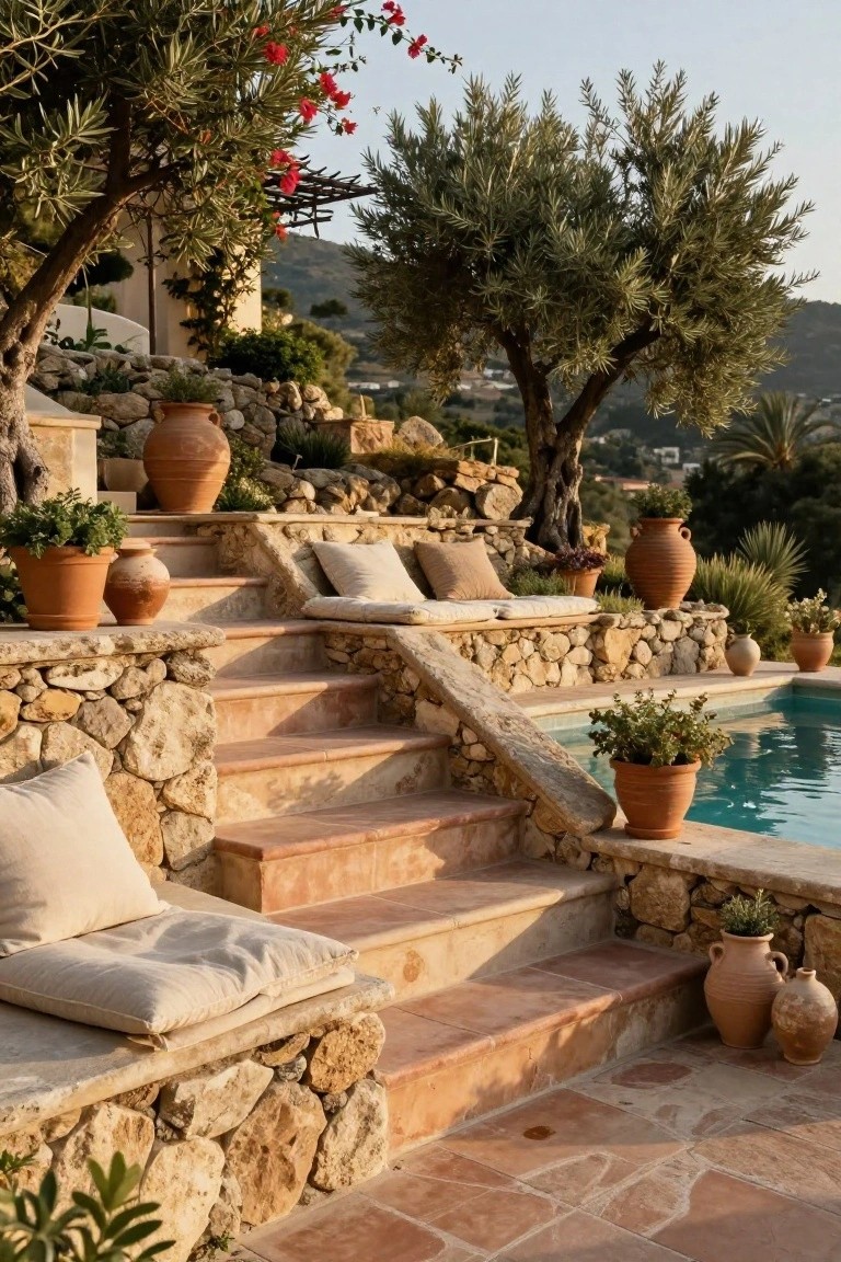 Stone terraced steps descending to a pool, with beige cushions placed on the steps, surrounded by terracotta pots with plants, olive trees, and dry-stacked rock walls.