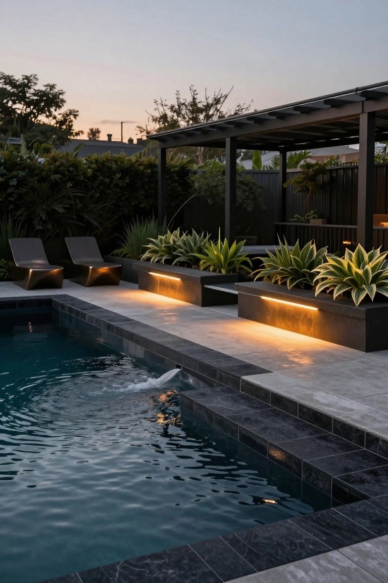 Narrow rectangular lap pool at dusk with black tile edging and surrounding dark pavers, flanked by two tall raised black planters containing agave plants with LED underlighting, two adjacent lounge chairs, pergola structure, and tropical plants and fencing in the background.