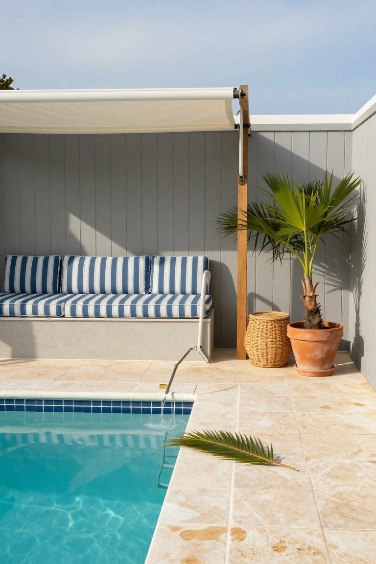 Built-in gray bench with blue striped cushions under a white fabric awning beside a narrow blue lap pool on beige tiled patio, with a potted palm tree, wicker basket, and fallen palm frond nearby.
