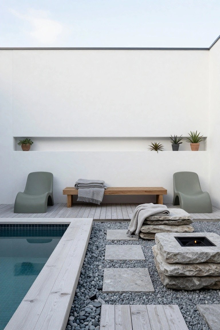Modern courtyard with pool, stone fire pit, wooden bench, and green chairs.