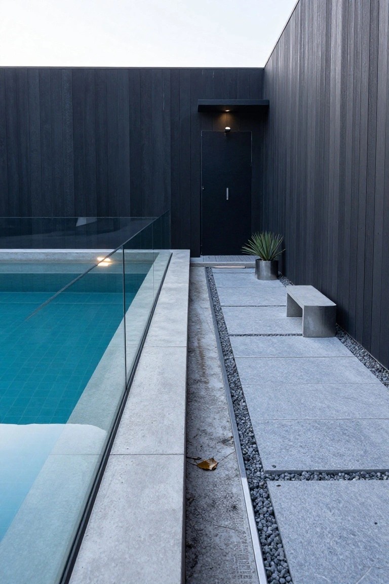 Frameless glass railing around a turquoise lap pool next to a black wood-clad exterior wall, with a gravel-edged stone path, metal bench, potted agave plant, and black door.