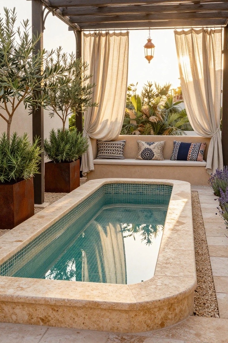 Narrow turquoise mosaic-tiled lap pool with adjacent built-in beige bench topped by patterned cushions, flanked by large potted rosemary and olive trees under a wooden pergola with sheer curtains and hanging lantern, on a stone patio with lavender nearby.