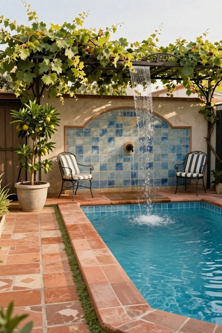 Narrow rectangular blue lap pool with water cascading from a blue-tiled arched wall and metal spout under a vine-covered pergola, two striped wicker chairs nearby, potted lemon tree, and terracotta paving in a courtyard setting.