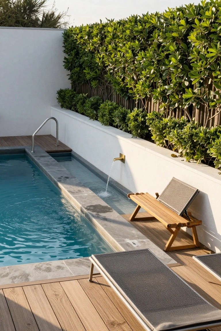 Narrow lap pool with stone edging on a wooden deck, flanked by tall green hedges and bamboo fencing against a white wall, featuring lounge chairs, a folding wooden bench, and a brass wall faucet with running water.