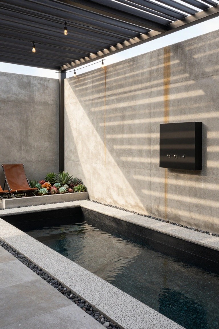 Narrow rectangular lap pool with dark water and black edges in a concrete courtyard, surrounded by pebble borders, succulents in planters, a brown lounge chair, and a metal pergola with string lights overhead.