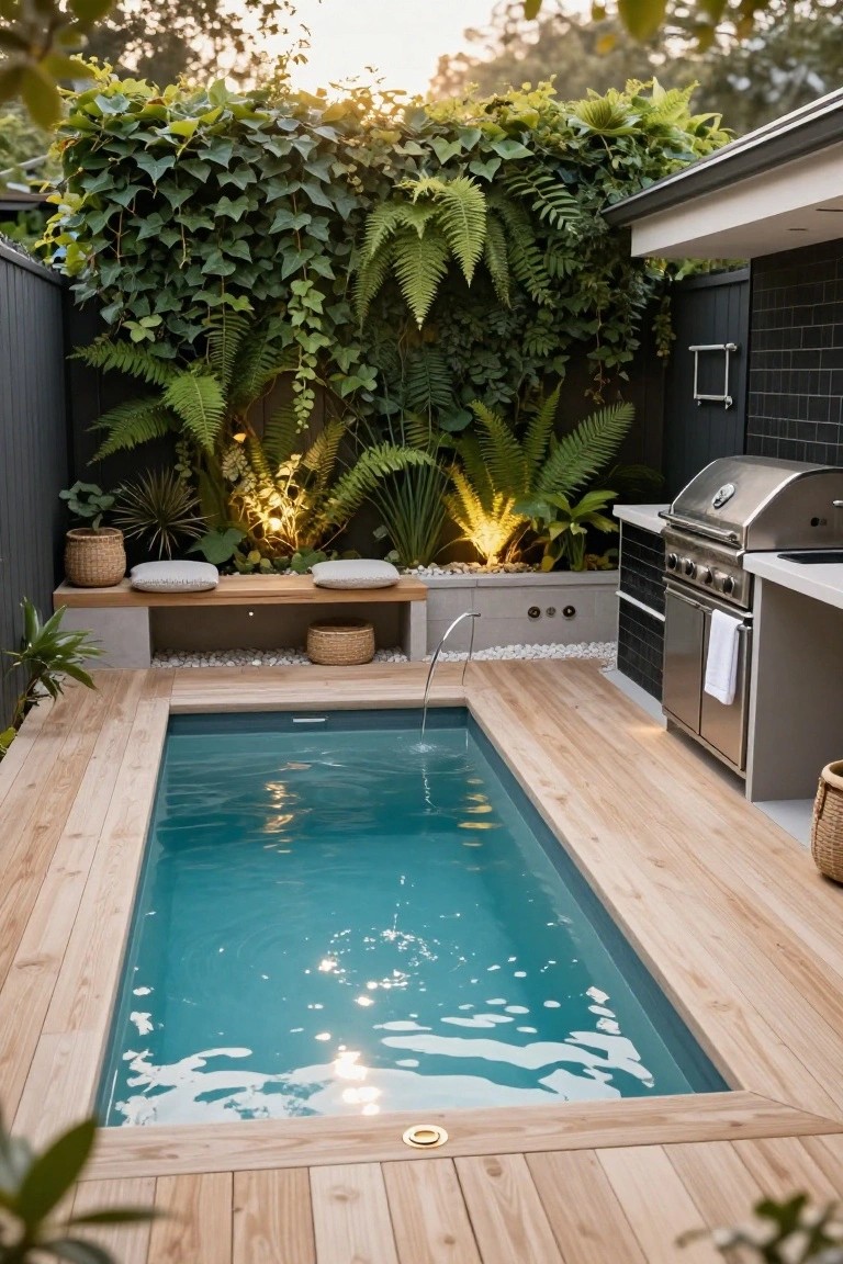 Narrow rectangular lap pool with turquoise water surrounded by light wooden decking in a backyard featuring a stainless steel BBQ kitchen, concrete bench seating with cushions, pebble accents, and a lush green plant-covered wall.